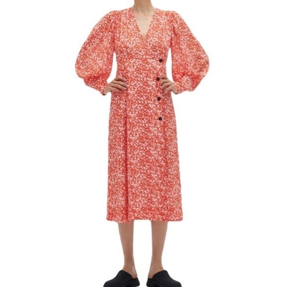 NWT Ganni Dress Abstract Floral Orange Dot Crepe Midi Size 2 - Picture 15 of 15